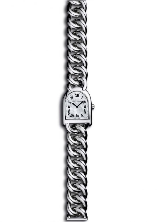 Браслет-часы "Petite Stirrup" от Ральфа Лорена представляют собой композицию из стального ремешка и перламутрового циферблата.