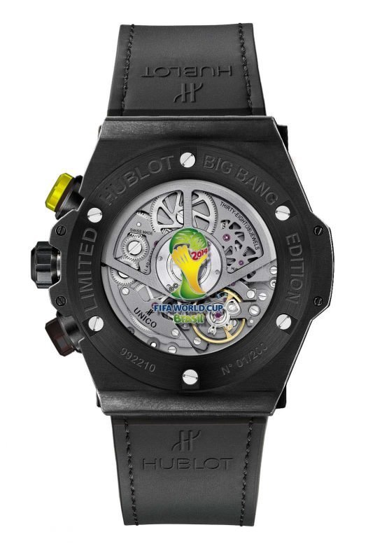 Оборотная сторона модели часов, специально созданных для Чемпионата мира 2014, из черной керамики «Big Bang Unico Bi-Retrograde Chrono» от Hublot