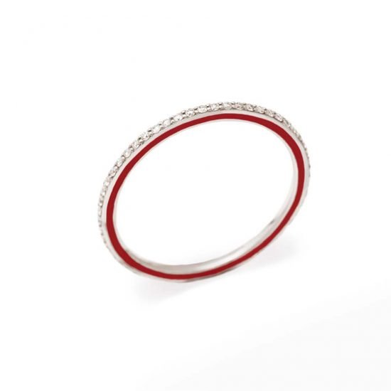 Коллекция Raphaele Canot Skinny Deco, кольцо из белого золота, инкрустированное «бриллиантовым паве» и украшенное красной коралловой эмалью (£980)