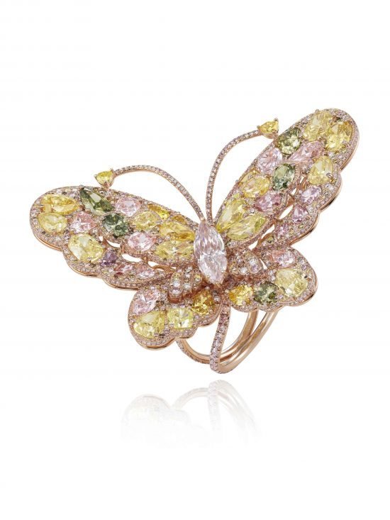 2: Кольцо в виде бабочки из розового золота, украшенное розовыми, желтыми и белыми бриллиантами. (Chopard 2014. Red Carpet Collection)