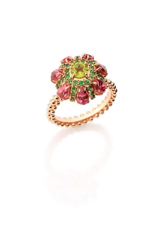 Кольцо «Vitral» («Витражное стекло») из розового золота с перидотом, цаворитом и розовым турмалином