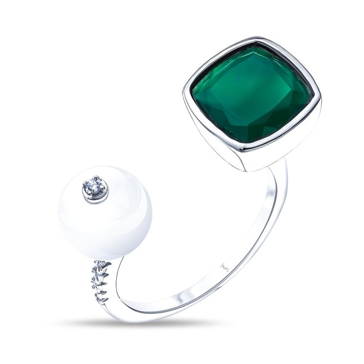 Серебряное кольцо с агатом зеленым и жемчугом культ. Teo Santini TSC5786-R-AG