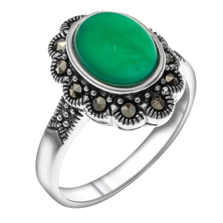 Серебряное кольцо с агатом зелёным и марказитом TEOSA HR-0092-GR