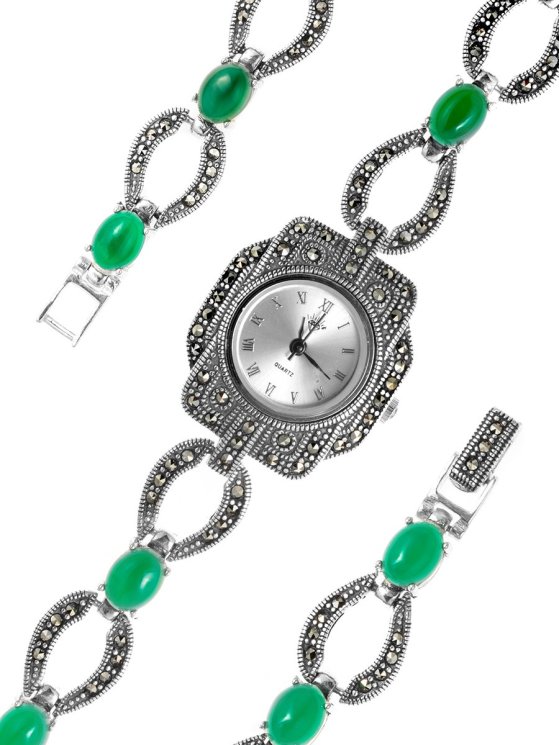 Серебряные часы с агатом зелёным и марказитом TEOSA PTW-052-1-GR