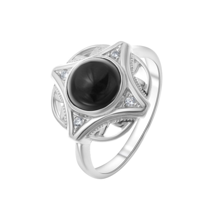 Серебряное кольцо с фианитом синт. и агатом чёрным MASKOM с100-1156-BA